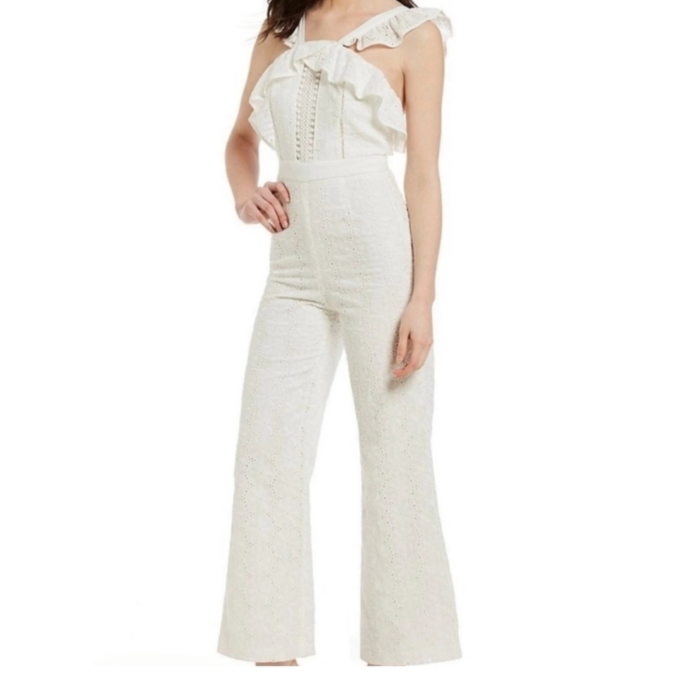 $129 Gianni Bini Jumpsuit Women XL White Eyelet Ruffle Lace FlareLeg Sleeve